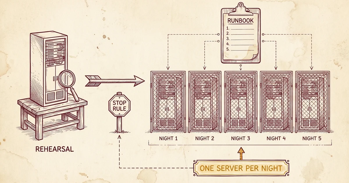 Hand-drawn engineering notebook sketch: a rehearsal server on a workbench, a stop rule sign, then five caged servers labelled night 1 to night 5 under a runbook clipboard, with a callout reading one server per night.