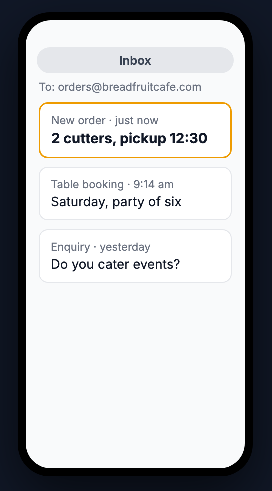 A phone showing an inbox at orders@breadfruitcafe.com with an order request, a table booking and an enquiry