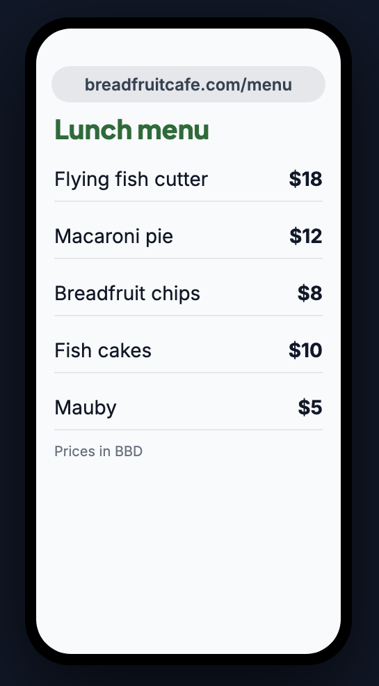 A phone showing the lunch menu with prices on the example Breadfruit Café website