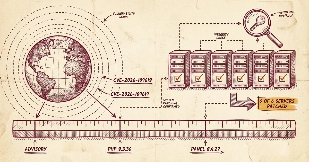 Hand-drawn field-journal diagram: a globe ringed by alert waves labelled CVE-2026-109618 and CVE-2026-109619, a timeline marked Advisory, PHP 8.3.36 and Panel 8.4.27, and six server racks each checked off, annotated 6 of 6 servers patched.