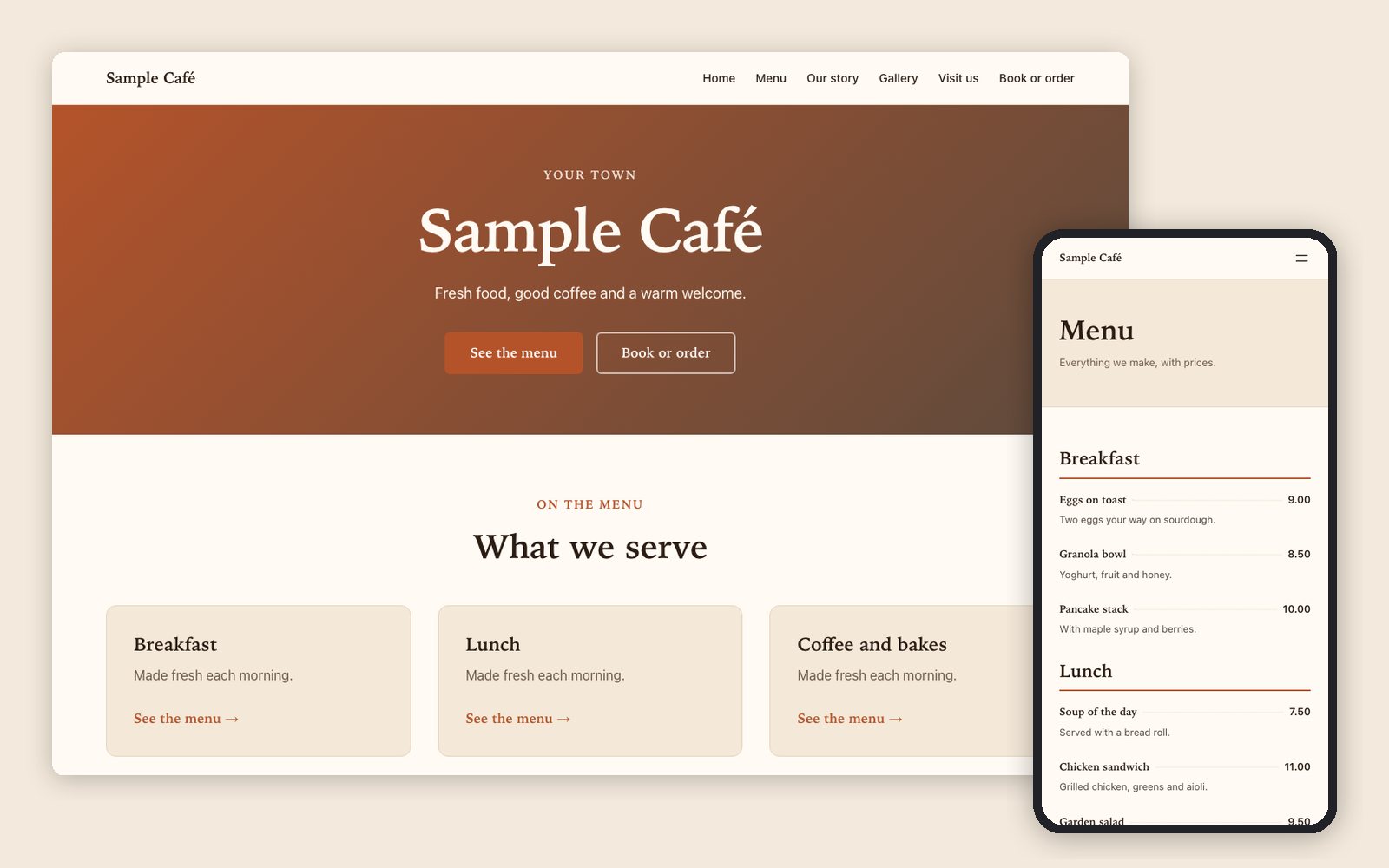 The café template: its home page on a desktop screen and its menu page on a phone, terracotta on cream