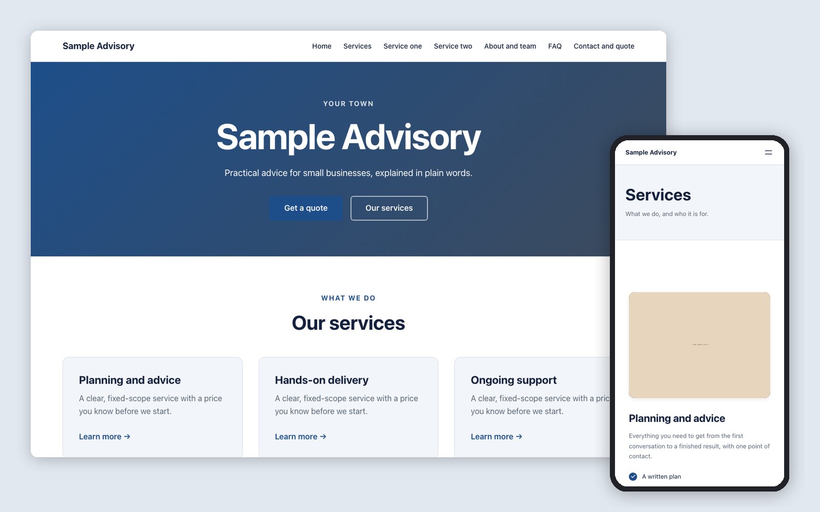 The services template: its home page on a desktop screen and its services page on a phone, blue on white